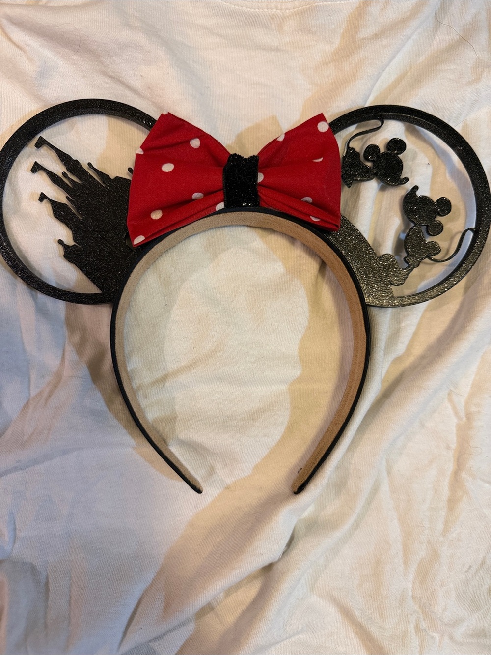 Disney Minnie Mouse Black Glitter Ear Headband with Red Polka Dot Bow